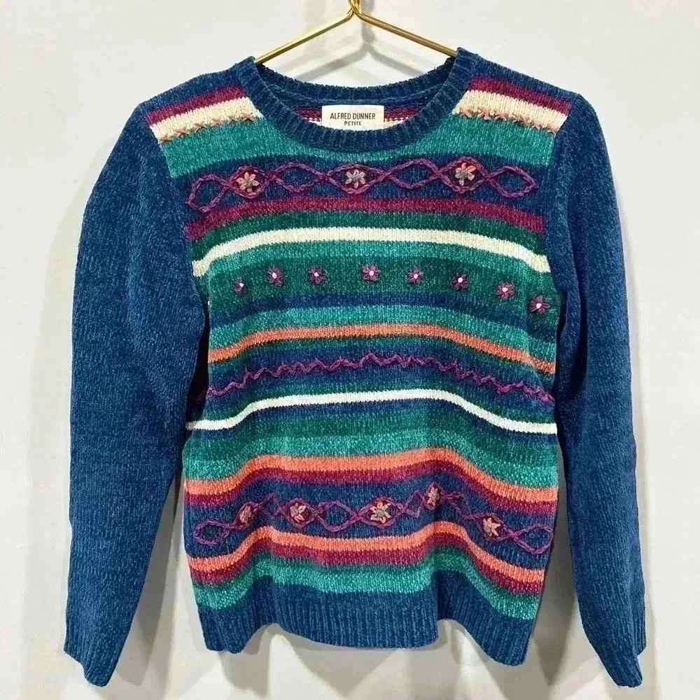 Vintage 90s Alfred Dunner Colorful Rainbow Stripes Knit Acrylic Sweater Sz SP